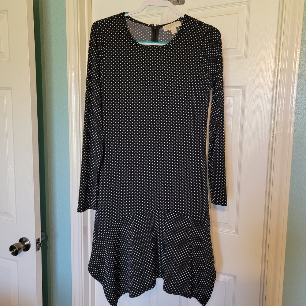 Michael Kors Black with White Polka Dot Dress with Shark-bite Hem Women's Size M